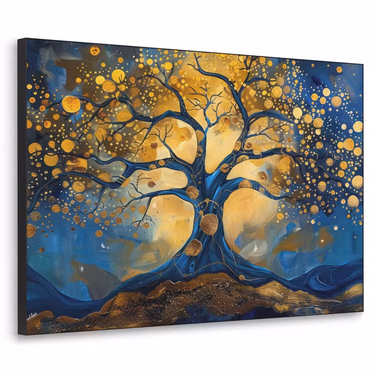 Boom - Levensboom - Blauw - Goud Textielframe zwart klein -3d