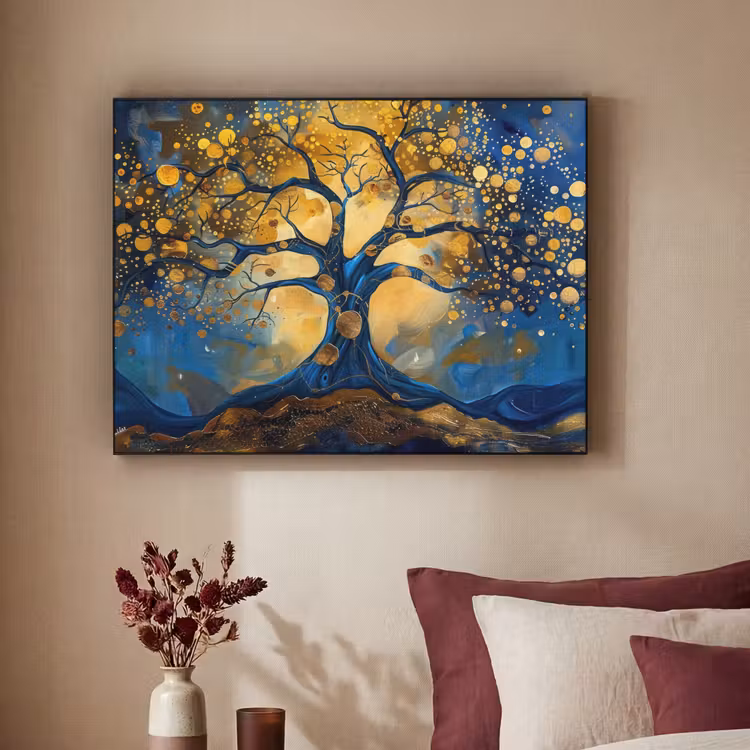 Boom - Levensboom - Blauw - Goud Textielframe zwart klein -sfeer1