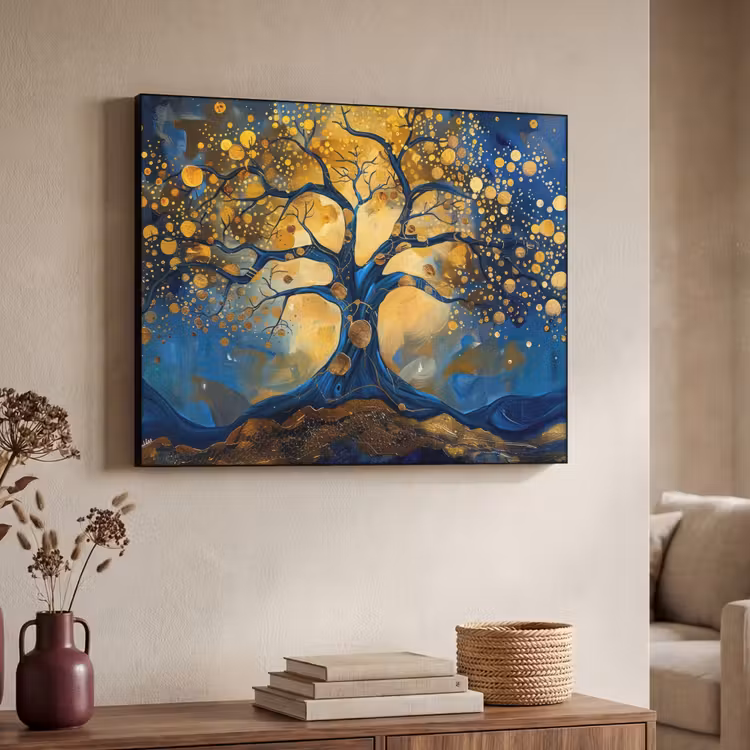 Boom - Levensboom - Blauw - Goud Textielframe - compleet frame klein -sfeer3