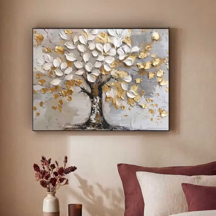 Boom - Beige - Grijs - Goud - Abstract Textielframe - compleet frame klein -sfeer1