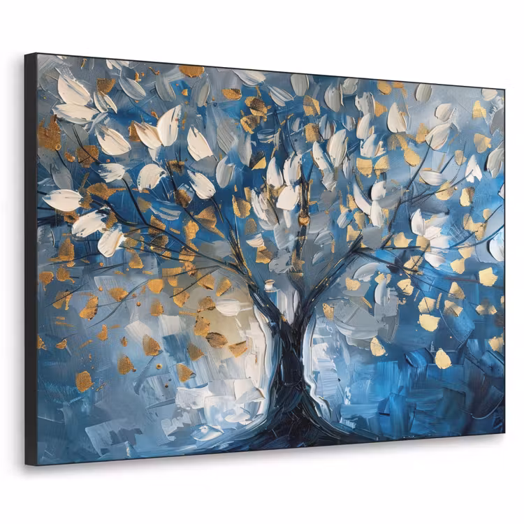 Boom - Blauw - Goud - Abstract Textielframe zwart klein -3d