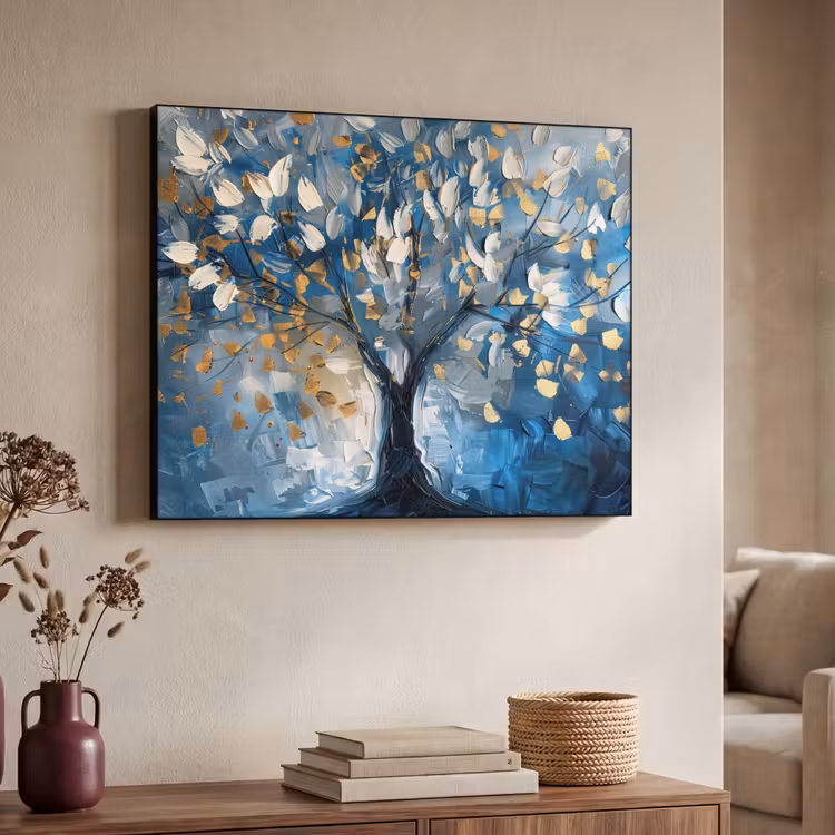Boom - Blauw - Goud - Abstract Textielframe zwart klein -sfeer3