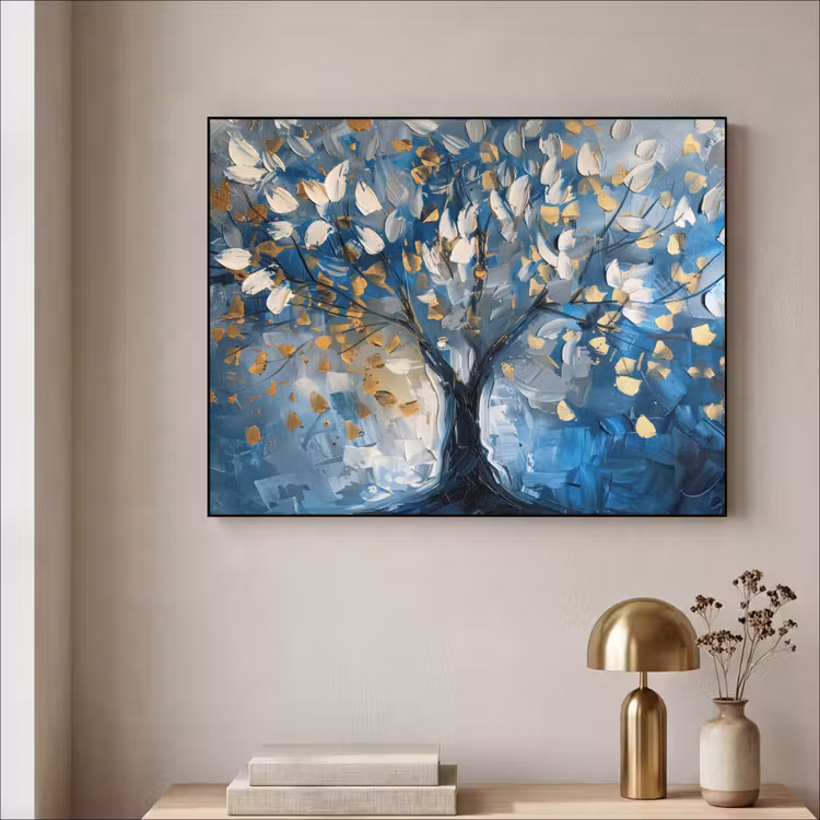 Boom - Blauw - Goud - Abstract Textielframe zwart klein -sfeer2