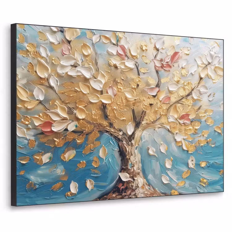 Boom - Blauw - Goud - Abstract - Modern Textielframe zwart klein -3d