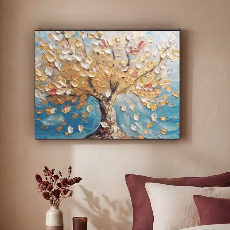 Boom - Blauw - Goud - Abstract - Modern Textielframe zwart klein -sfeer1