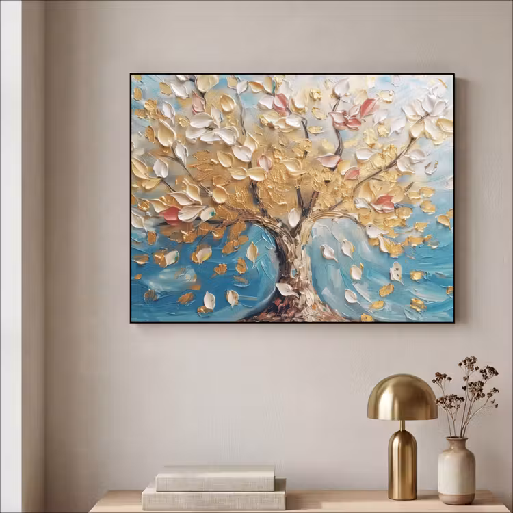 Boom - Blauw - Goud - Abstract - Modern Textielframe zwart klein -sfeer2