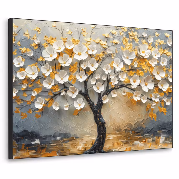 Boom - Bloemen - Goud - Beige Textielframe - compleet frame klein -3d