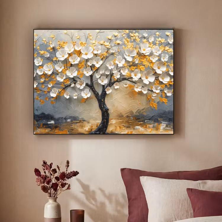 Boom - Bloemen - Goud - Beige Textielframe zwart klein -sfeer1