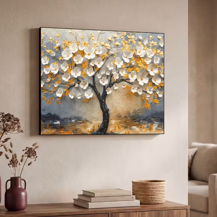 Boom - Bloemen - Goud - Beige Textielframe zwart klein -sfeer3