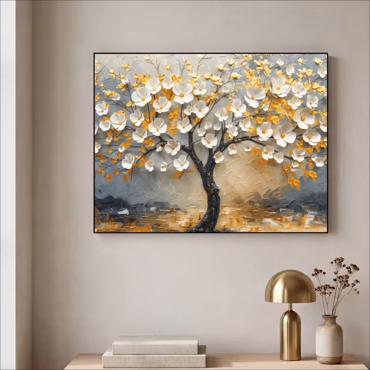 Boom - Bloemen - Goud - Beige Textielframe - compleet frame klein -sfeer2