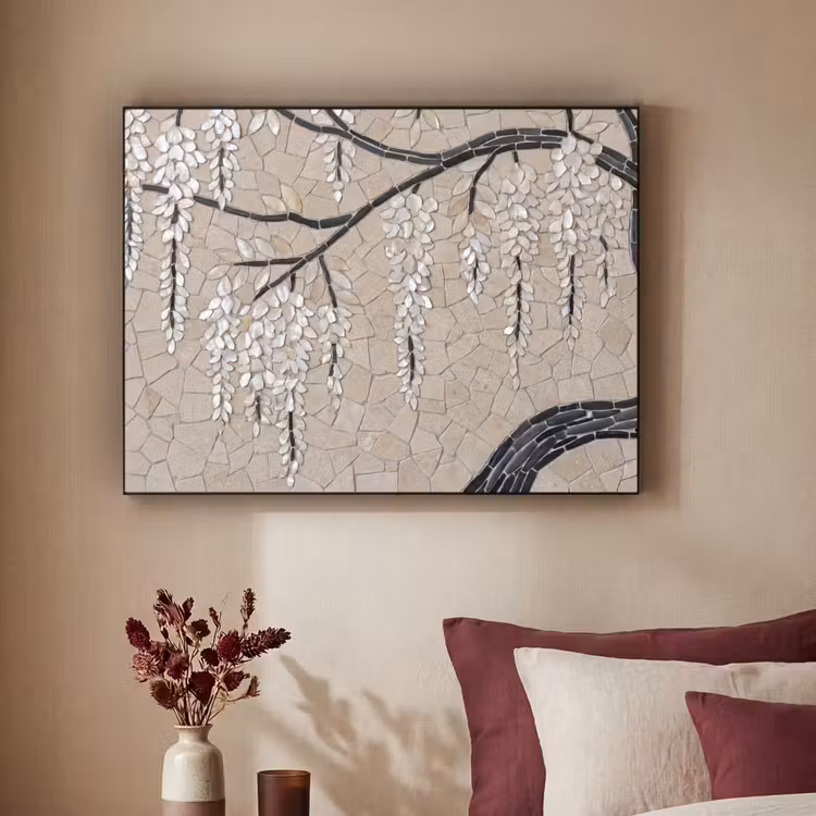 Boom - Bloemen - Mozaïek - Kunst - Wit Textielframe zwart klein -sfeer1