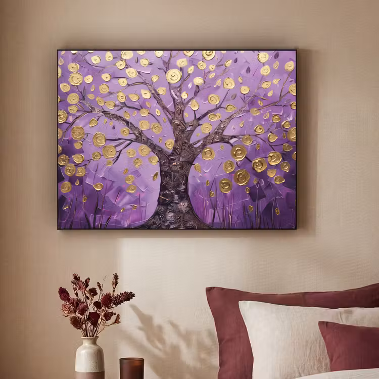 Levensboom - Boom - Paars - Goud - Modern Textielframe - compleet frame klein -sfeer1