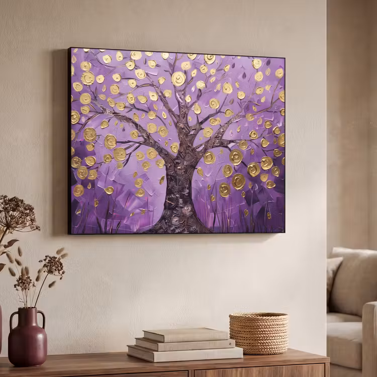 Levensboom - Boom - Paars - Goud - Modern Textielframe zwart klein -sfeer3