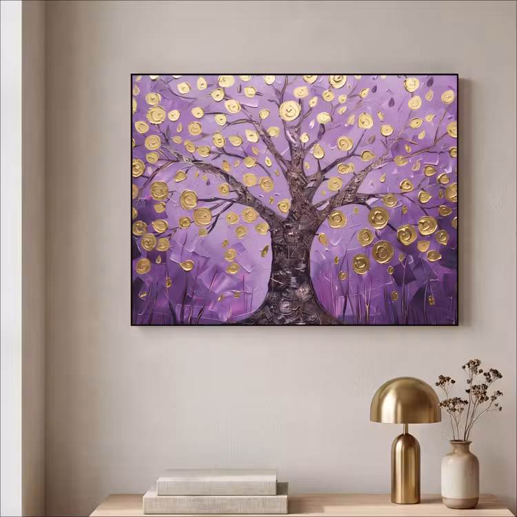 Levensboom - Boom - Paars - Goud - Modern Textielframe - compleet frame klein -sfeer2