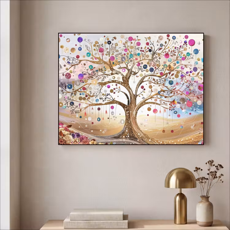 Levensboom - Goud - Kleurrijk - Abstract - Aesthetic Textielframe zwart klein -sfeer2