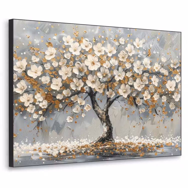 Boom - Goud - Bloemen - Abstract - Kunst Textielframe zwart klein -3d