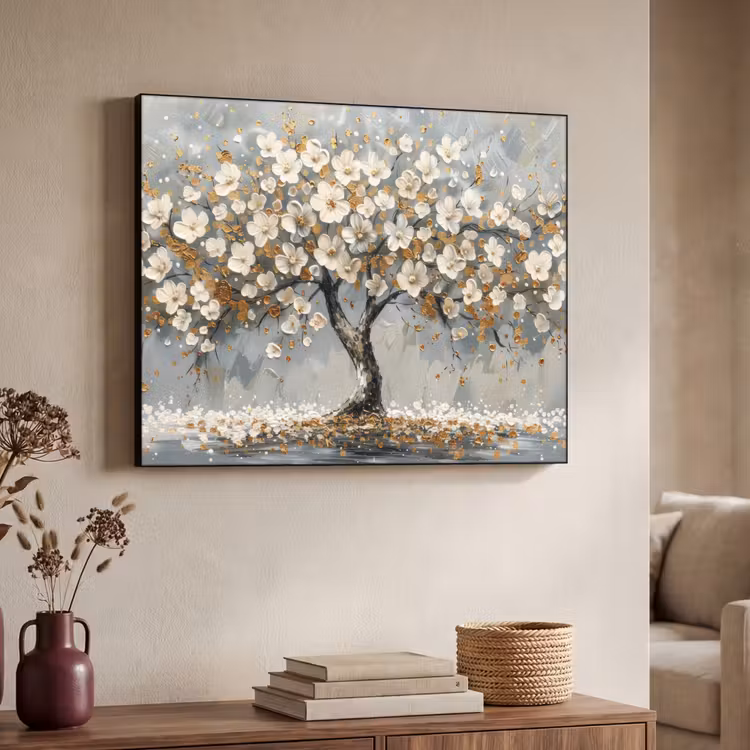Boom - Goud - Bloemen - Abstract - Kunst Textielframe zwart klein -sfeer3