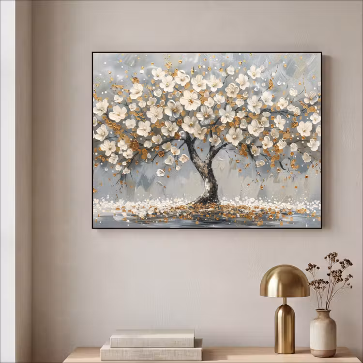 Boom - Goud - Bloemen - Abstract - Kunst Textielframe zwart klein -sfeer2