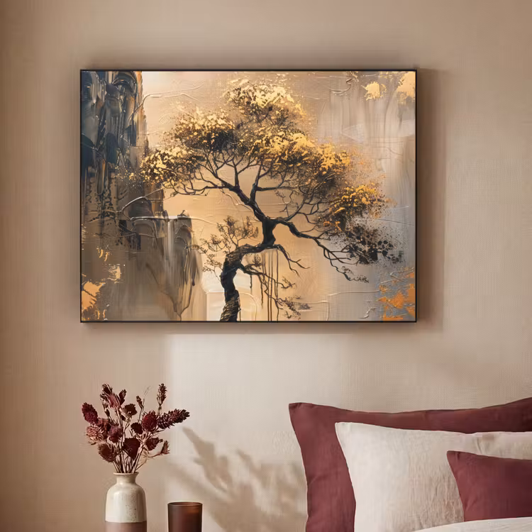 Boom - Goud - Landschap - Verf Textielframe - compleet frame klein -sfeer1