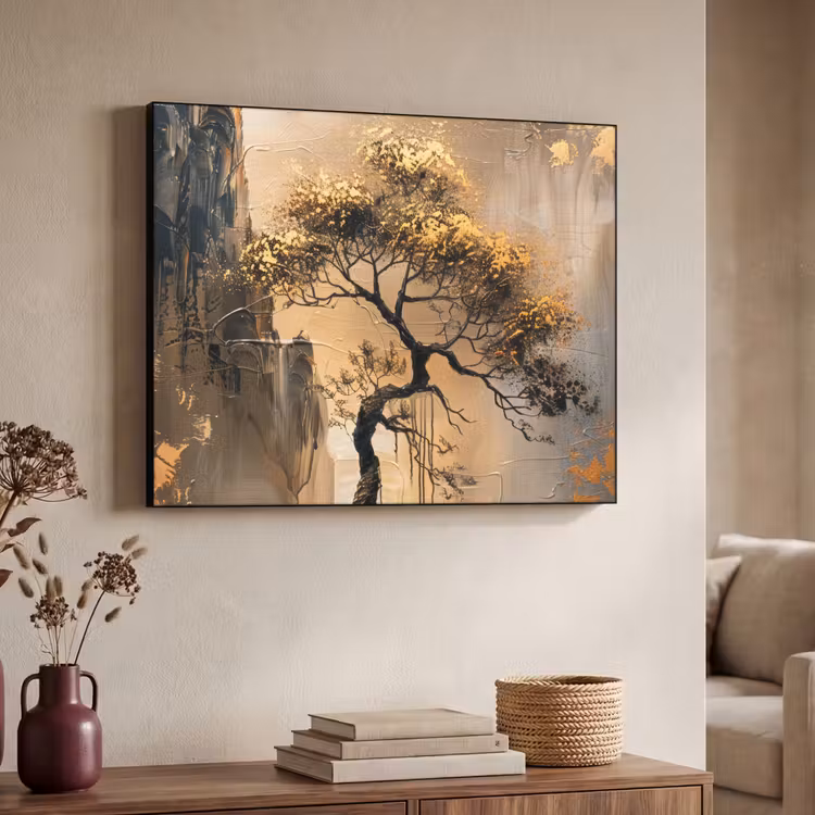 Boom - Goud - Landschap - Verf Textielframe - compleet frame klein -sfeer3