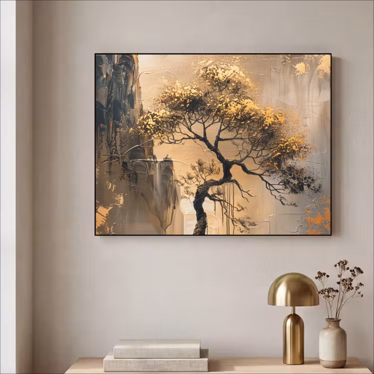 Boom - Goud - Landschap - Verf Textielframe zwart klein -sfeer2
