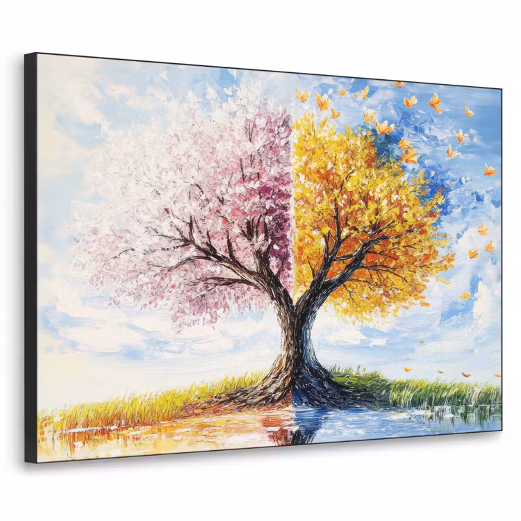Boom - Kunst - Seizoenen - Lente - Herfst Textielframe zwart klein -3d