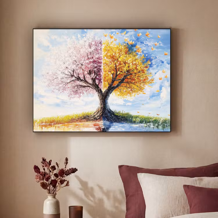 Boom - Kunst - Seizoenen - Lente - Herfst Textielframe zwart klein -sfeer1