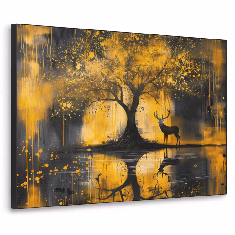 Boom - Verflook - Hert - Natuur - Goud Textielframe zwart klein -3d