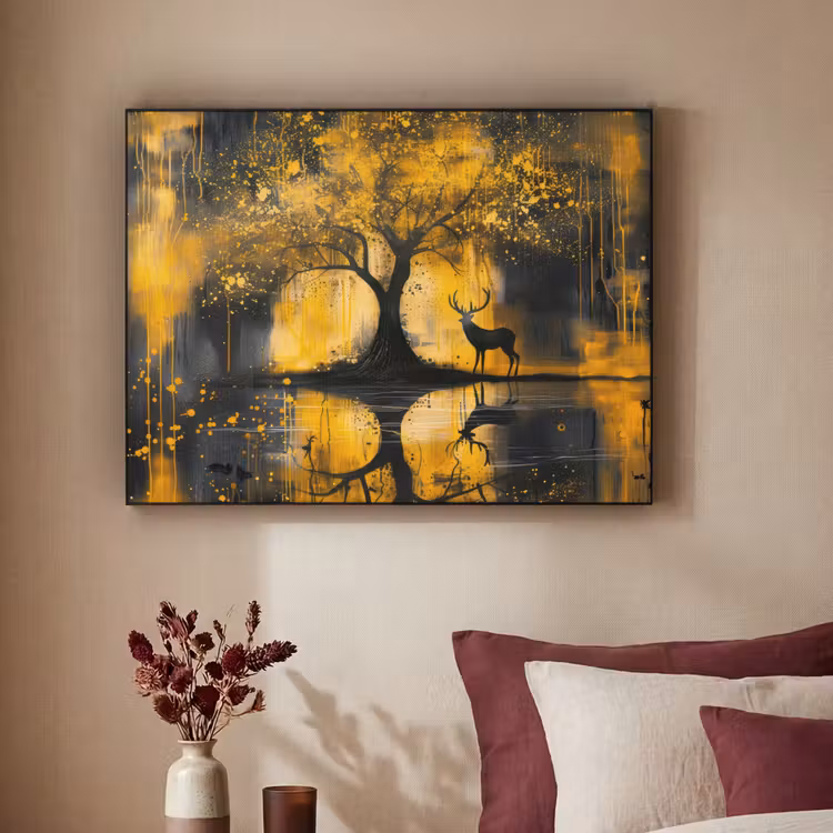 Boom - Verflook - Hert - Natuur - Goud Textielframe zwart klein -sfeer1