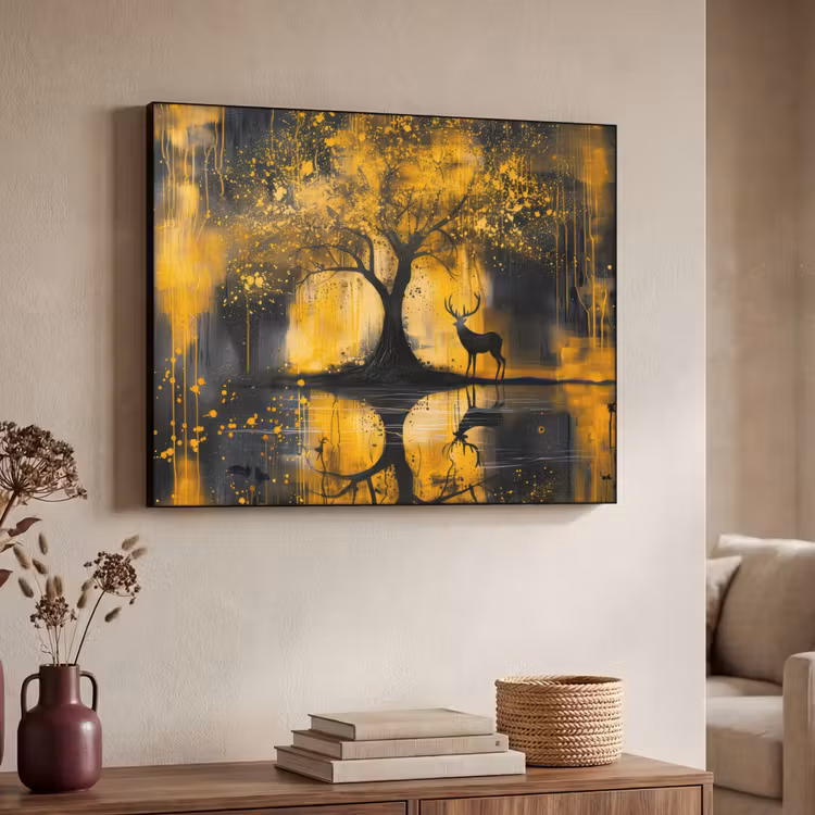 Boom - Verflook - Hert - Natuur - Goud Textielframe zwart klein -sfeer3