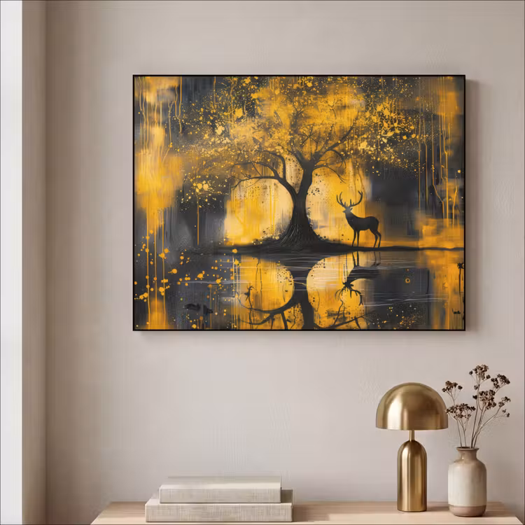 Boom - Verflook - Hert - Natuur - Goud Textielframe zwart klein -sfeer2