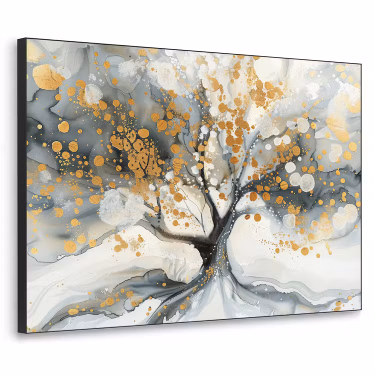 Boom - Modern - Abstract - Goud - Zwart - Wit Textielframe - compleet frame klein -3d