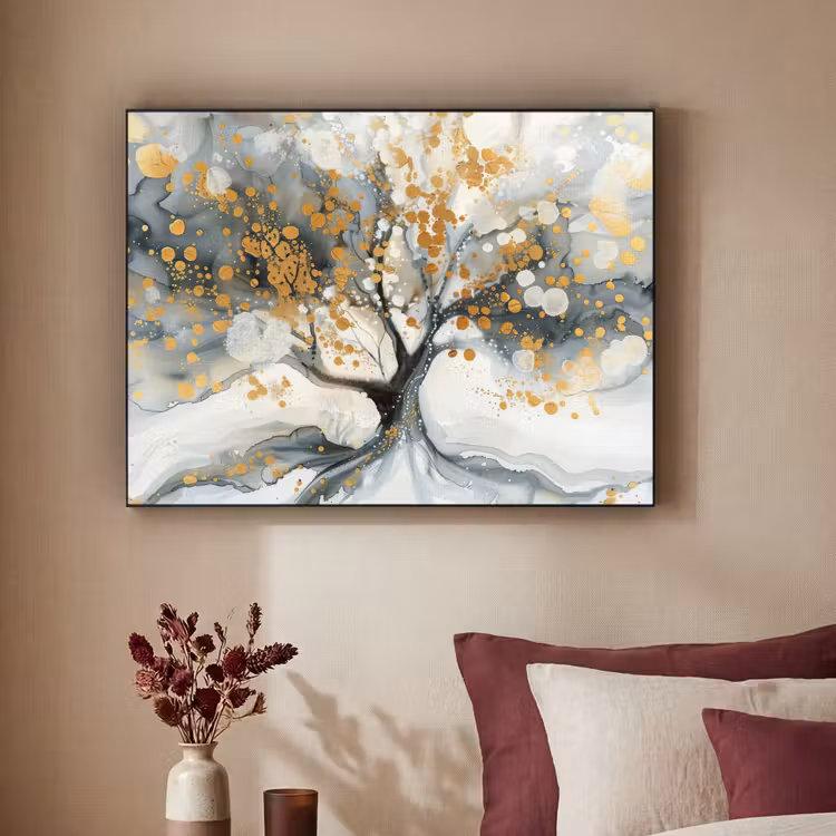 Boom - Modern - Abstract - Goud - Zwart - Wit Textielframe zwart klein -sfeer1