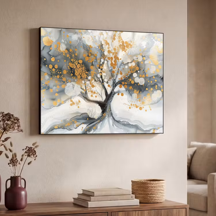 Boom - Modern - Abstract - Goud - Zwart - Wit Textielframe - compleet frame klein -sfeer3