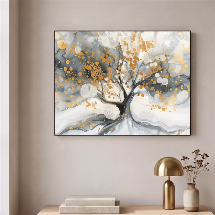 Boom - Modern - Abstract - Goud - Zwart - Wit Textielframe - compleet frame klein -sfeer2