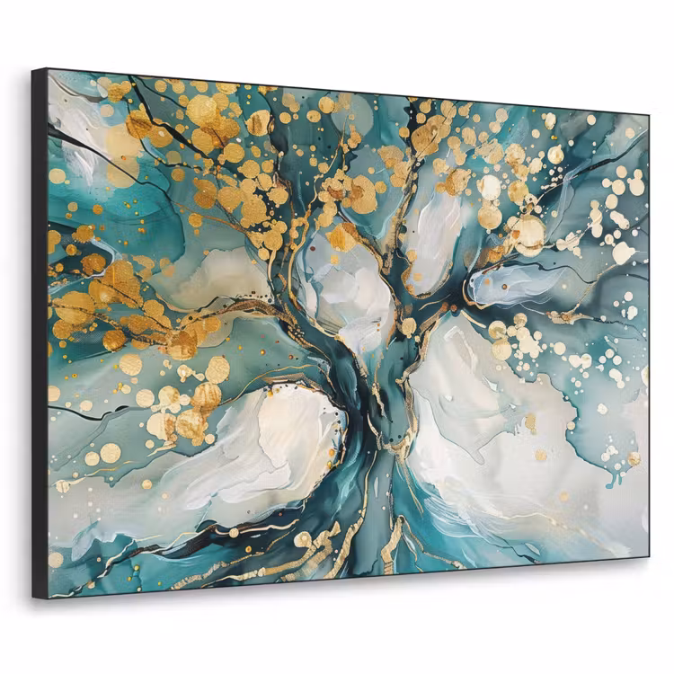 Boom - Modern - Verflook - Turquoise - Goud Textielframe zwart klein -3d