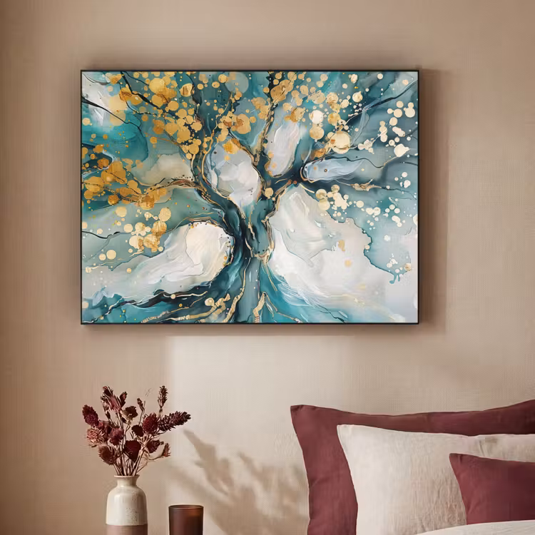 Boom - Modern - Verflook - Turquoise - Goud Textielframe - compleet frame klein -sfeer1