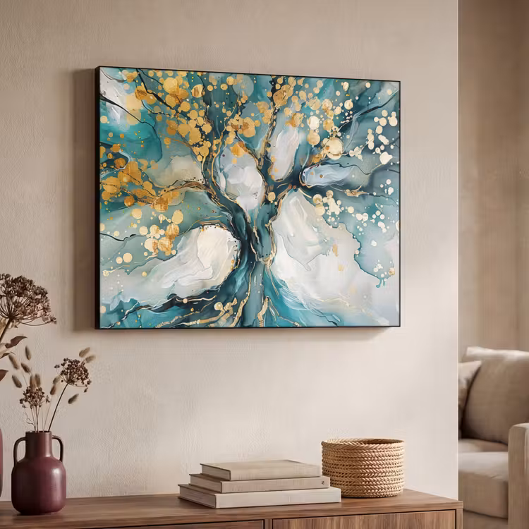 Boom - Modern - Verflook - Turquoise - Goud Textielframe zwart klein -sfeer3