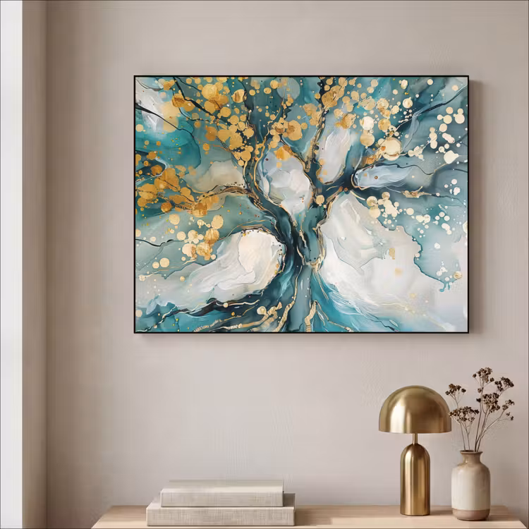 Boom - Modern - Verflook - Turquoise - Goud Textielframe zwart klein -sfeer2