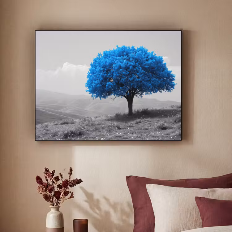 Boom - Natuur - Blauw - Zwart wit Textielframe zwart klein -sfeer1