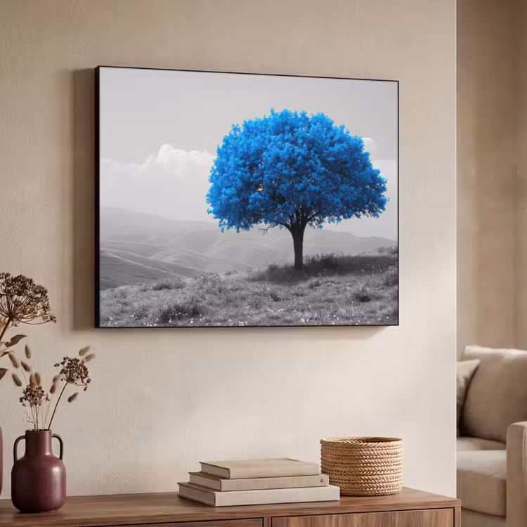 Boom - Natuur - Blauw - Zwart wit Textielframe zwart klein -sfeer3