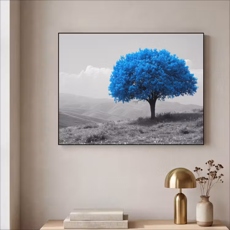 Boom - Natuur - Blauw - Zwart wit Textielframe zwart klein -sfeer2