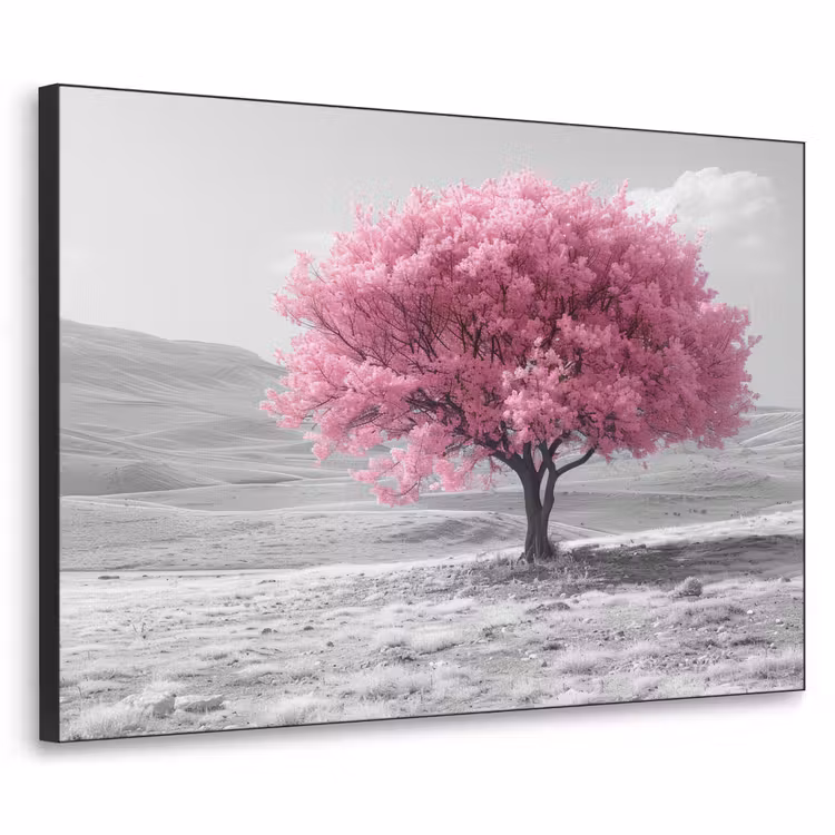 Boom - Natuur - Roze - Zwart wit Textielframe zwart klein -3d