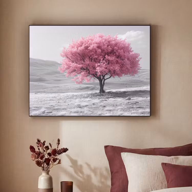 Boom - Natuur - Roze - Zwart wit Textielframe zwart klein -sfeer1