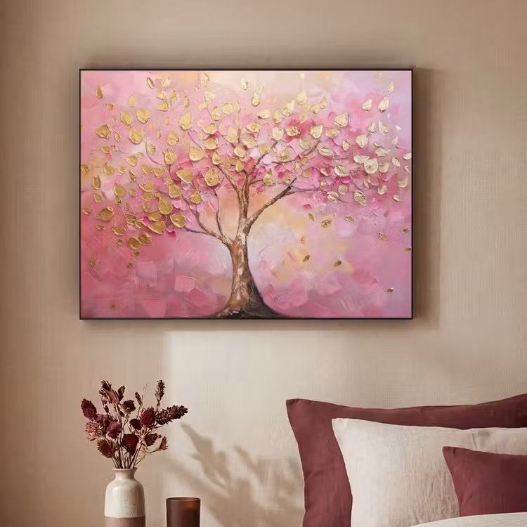 Boom - Roze - Goud - Modern Textielframe zwart klein -sfeer1