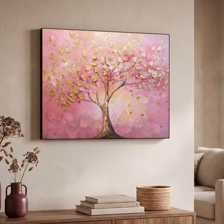 Boom - Roze - Goud - Modern Textielframe zwart klein -sfeer3