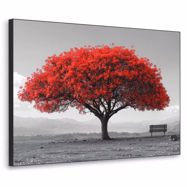 Boom - Rood - Natuur - Zwart wit Textielframe zwart klein -3d
