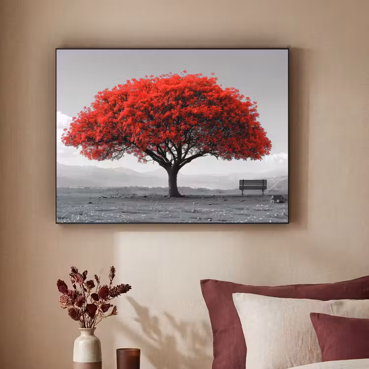 Boom - Rood - Natuur - Zwart wit Textielframe zwart klein -sfeer1