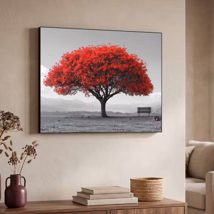 Boom - Rood - Natuur - Zwart wit Textielframe zwart klein -sfeer3