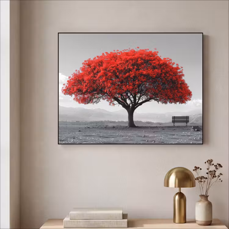 Boom - Rood - Natuur - Zwart wit Textielframe zwart klein -sfeer2